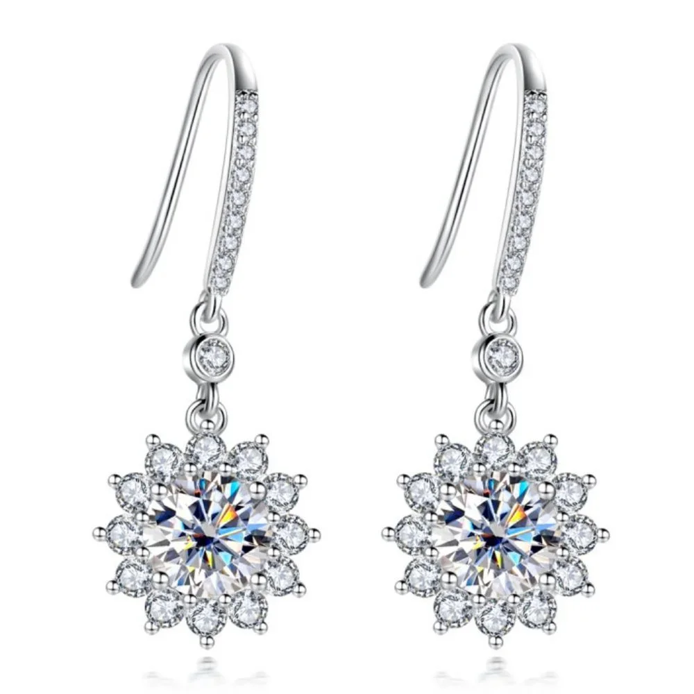 Certified 2ct. t.w. Moissanite Diamond Sunflower Drop Earrings NEW - Picture 1 of 11